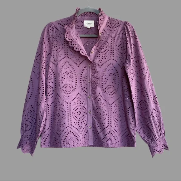 SEZANE Purple Wisteria Eyelet Ruffle Button Down Shirt Scalloped Chlo Blouse Top - Picture 3 of 14